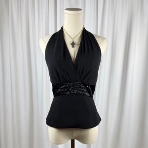 London Times Black Halter Neck Peplum Top Beaded Satin Waist Evening Blouse 4